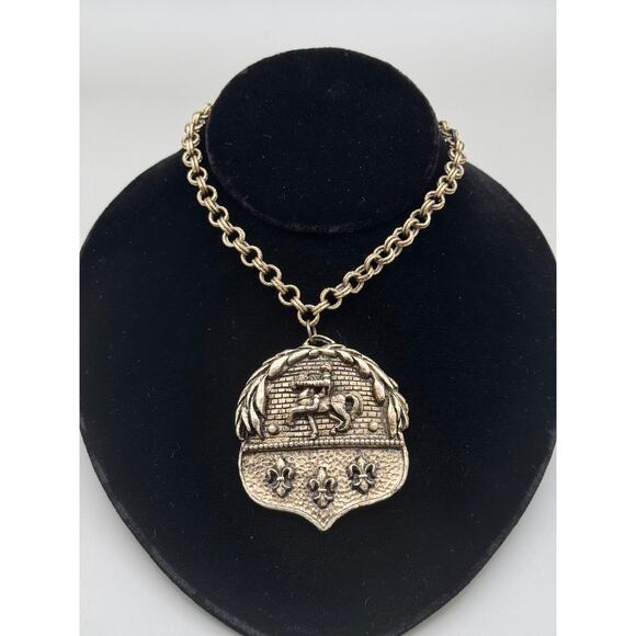 Vintage Knight Shield Fleur de Lis Pendant Necklace Brooch